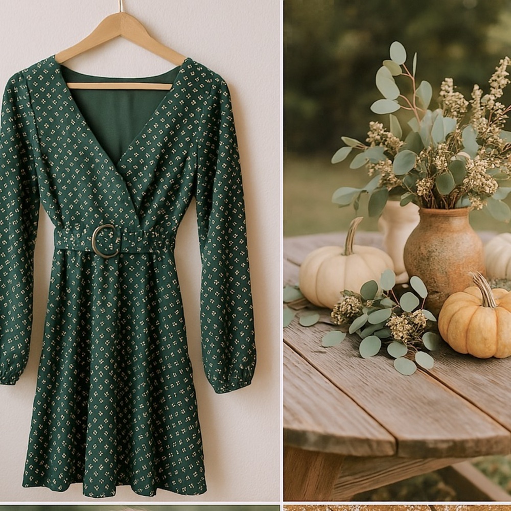 Maeve Green and white polka dot dress with gold buckle detail